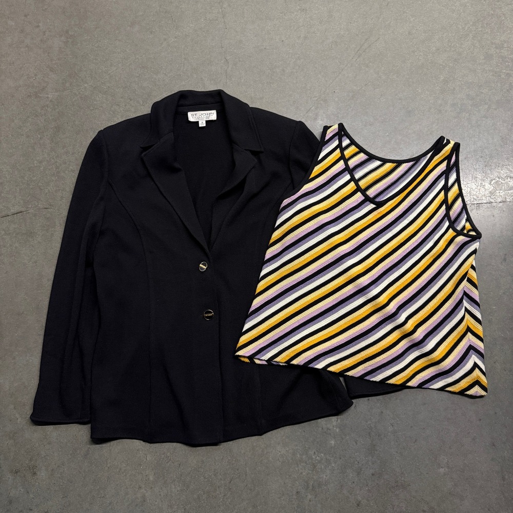 St. John Collection Marie Gray Black Knit Blazer & Striped Tank Set Size 16